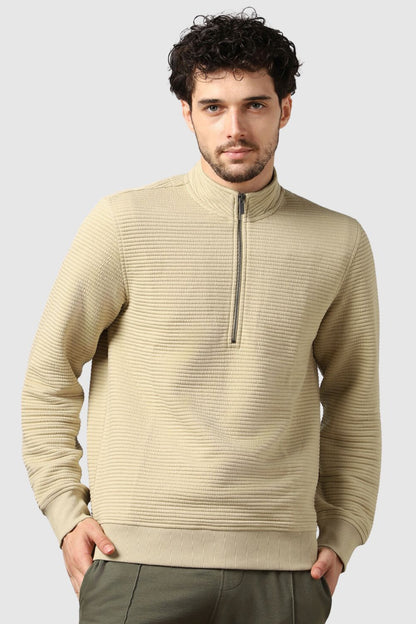 Pale Khaki Striped Quilted Zip-up Sweatshirt