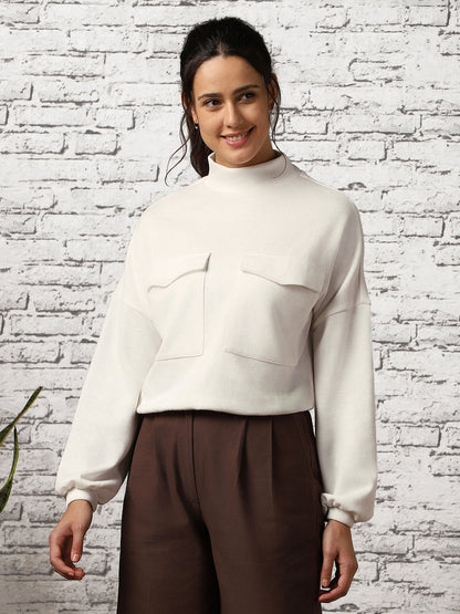 Women Oversized Flap Pocket Self Design Pullover