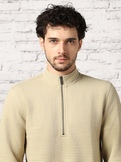 Pale Khaki Striped Quilted Zip-up Sweatshirt