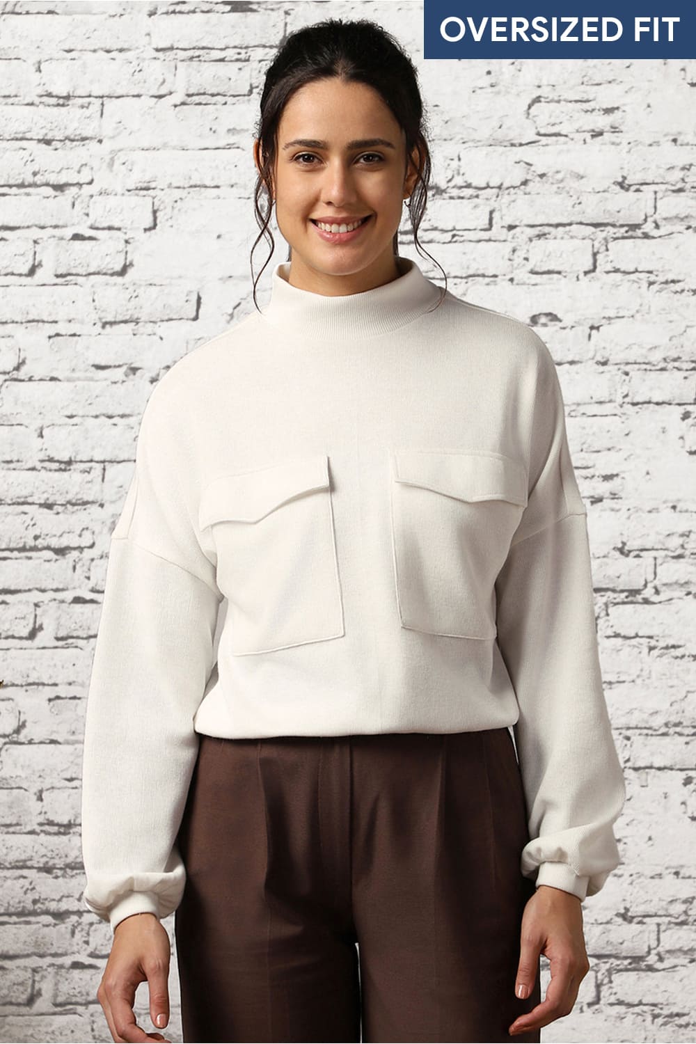 Women Oversized Flap Pocket Self Design Pullover