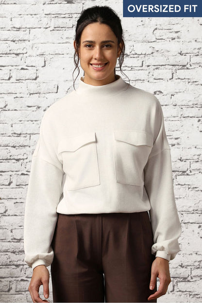 Women Oversized Flap Pocket Self Design Pullover
