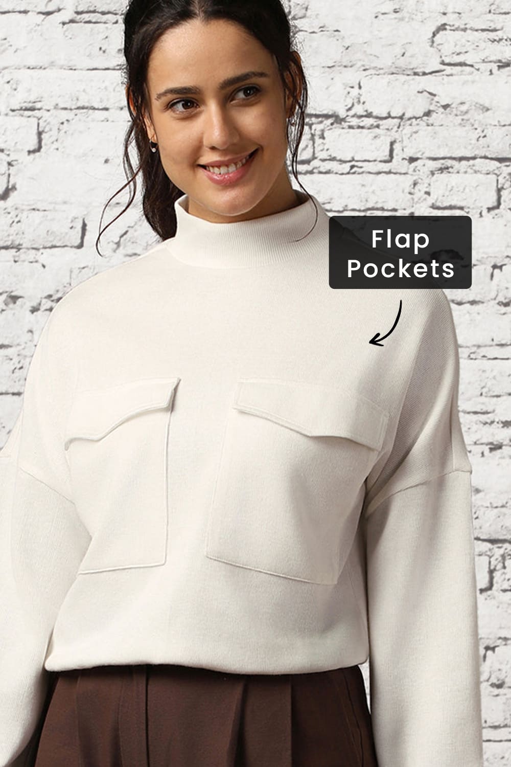 Women Oversized Flap Pocket Self Design Pullover